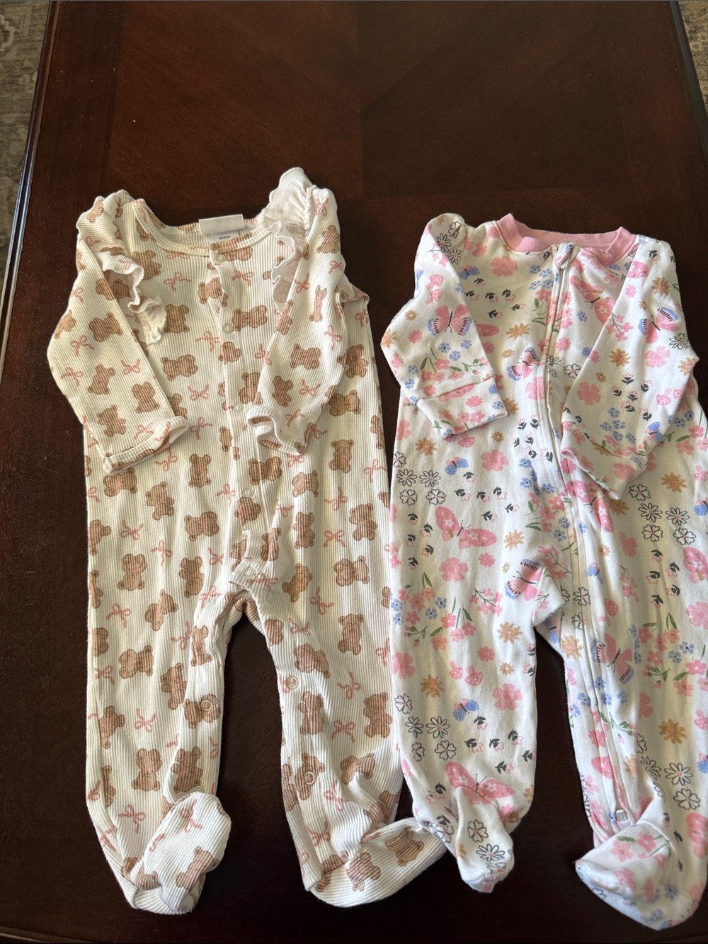 Kids One-Piece Footed Pajama - White with Brown Teddy & Pink Floral Prints